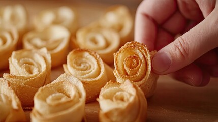 A hand delicately picks a pastry shaped like a rose among several others, showcasing intricate baking artistry and a delightful presentation.