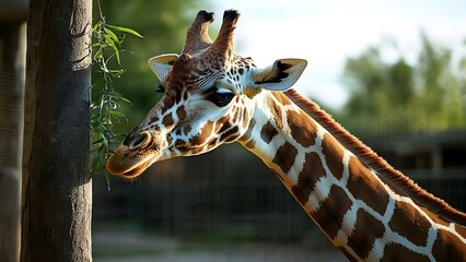 A close-up of a giraffe eating leaves from a tree, showcasing its unique patterns and long neck against a blurred background. Concept Close-Up Giraffe, Unique Patterns, Leaf Eating, Long Neck