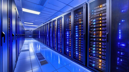 Obraz premium High-tech data center with rows of advanced server cabinets