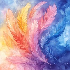 Fototapeta premium Colorful Watercolor Feathers on a Cosmic Background