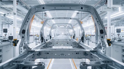 A captivating scene of a graceful robotic ballet where shimmering metal joints seamlessly join car body panels in a mesmerizing display of mechanical prowess