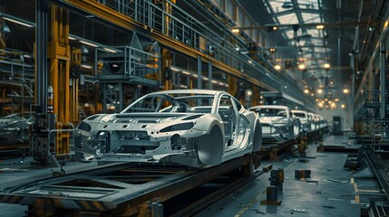 Seamless of gleaming metal chassis and body parts in a hypnotizing display of technological mastery set against the vast dimly lit backdrop of a futuristic industrial warehouse environment