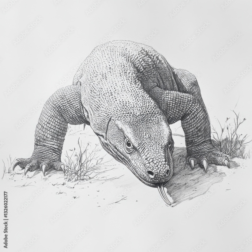 Poster komodo dragon stalks prey with its forked tongue in a natural habitat setting