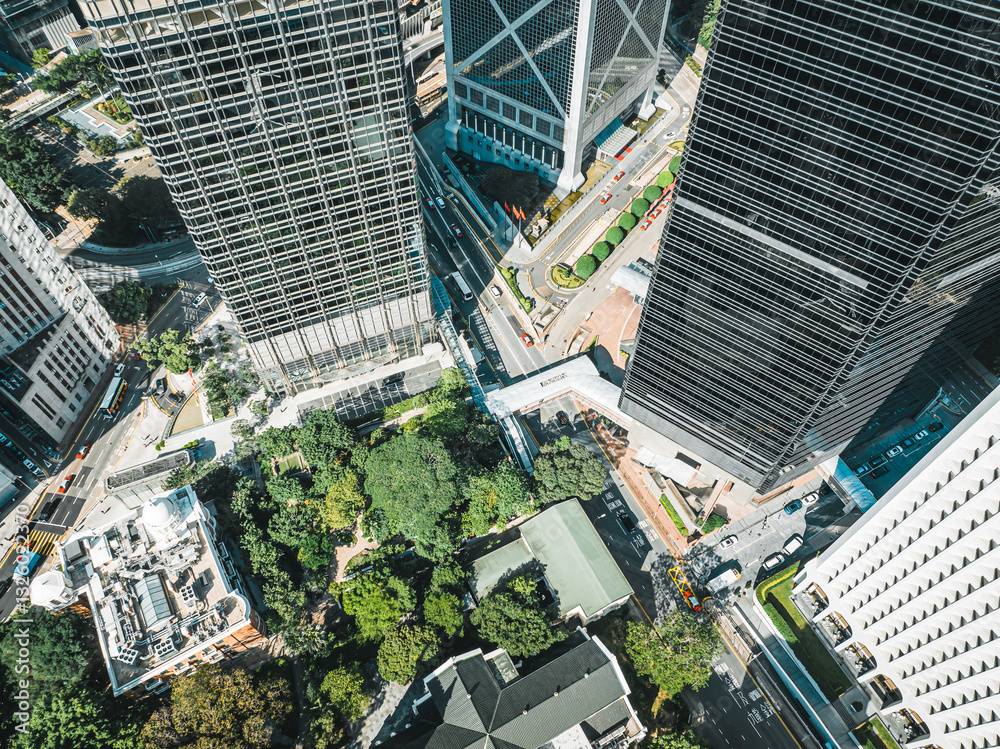 Poster aerial panorama of hong kong city featuring towering skyscrapers juxtaposed with green spaces, creat