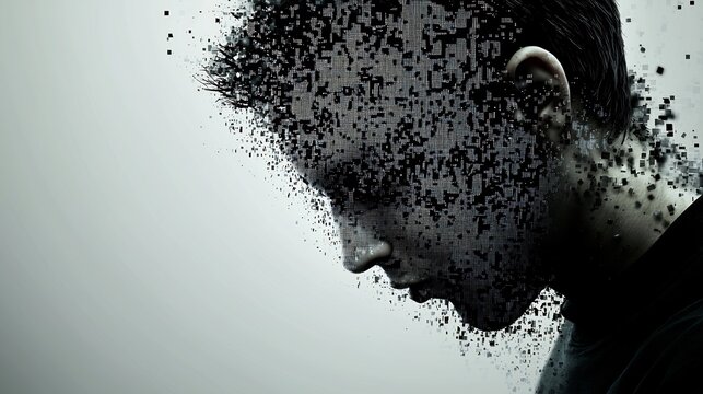 Persons face fading into pixels symbolizing digital burnout and identity crisis