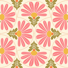Retro floral pattern with repeating flower motifs. Ideal for textiles, wallpaper, packaging, and digital designs.