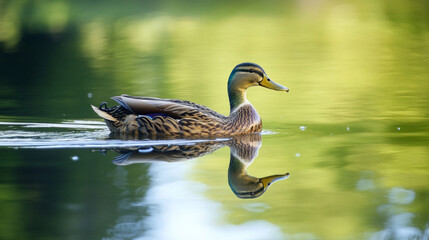 Obraz premium Mallard duck swimming serenely on a calm pond at sunrise with reflection on the water surface