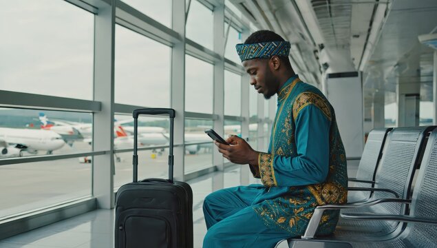A traveler dressed in vibrant traditional clothing sits at an airport terminal. He is focused on his phone while a black rolling suitcase rests beside him