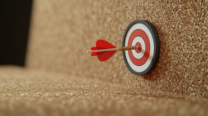 Bullseye Target with Arrow A dart hitting the bullseye of a target pinned to a corkboard, symbolizing achieving goals, focus, and strategic planning.