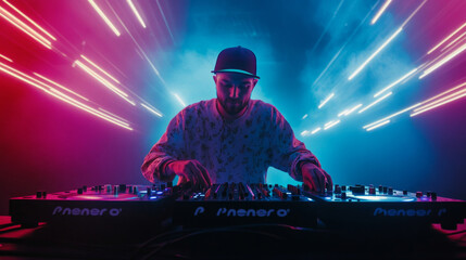 Fototapeta premium DJ skillfully mixes music under vibrant lights during a lively party atmosphere