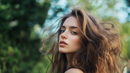 Naklejka premium Woman with flowing hair in a natural setting during daylight, displaying a sense of freedom and beauty
