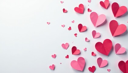 Scattered tiny paper hearts, white background, white, flat lay