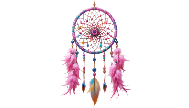 Colorful dreamcatcher with pink feathers and beads intricate design isolated on png