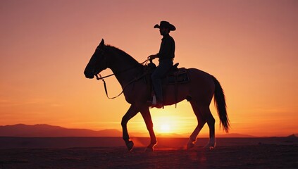 A cowboy wearing a hat rides a horse against a breathtaking sunset backdrop, capturing the peaceful essence of the countryside during twilight hours