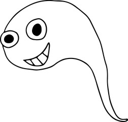funny tadpole smiles with his whole mouth and teeth and looks at the camera