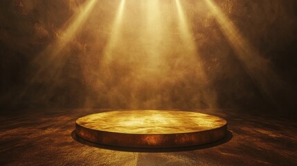 Shimmering spotlight illuminates circular stage in atmospheric setting for performance or event preparation