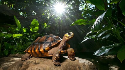 Naklejka premium A turtle sits on a rock surrounded by lush green foliage, with sunlight filtering through the leaves above. Concept Turtle in Nature, Serene Landscape, Sunlight Through Leaves, Lush Green Foliage