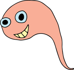 funny pink tadpole smiles with all his mouth and teeth and looks at the camera