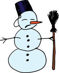 sad snowman with a bucket on his head with a broom in his hand with a carrot instead of a nose closed his eyes