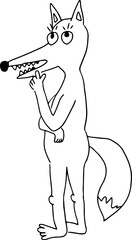 a thoughtful fox standing on two legs opened its mouth and put its finger to its chin and looks up