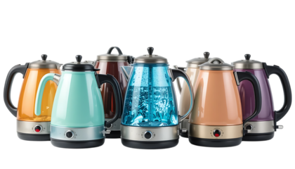 Colorful electric kettles modern kitchen appliances on png