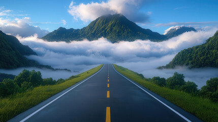 A mountain road covered in lowhanging clouds, with barely visible guardrails and sharp turns ahead