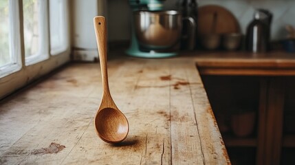 A handmade wooden spoon on a rustic kitchen counter, soft focus and natural light. digital