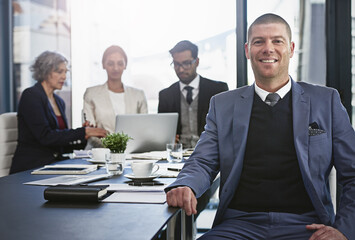 Office, meeting and business man in portrait for investment growth, corporate project and smile. Boardroom, employees or financial advisor with career for risk management plan, leadership or about us