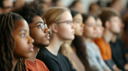 Fototapeta premium Group of students attentively listening during a lecture in a classroom setting