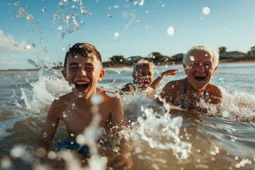 A teenage boy and his grandparents, joyfully splashing in the sea together, laughter and waves blending in a scene of intergenerational happiness