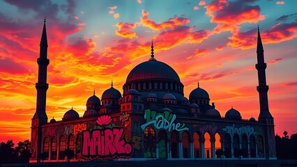 Obraz premium Sunset Silhouette of a Mosque with Graffiti Art