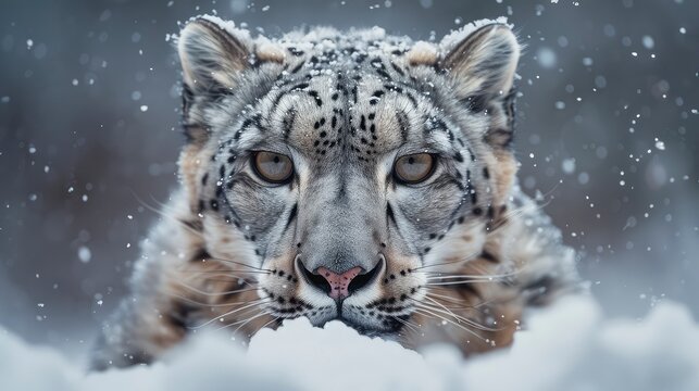 The intense gaze of a snow leopard captured up close, 