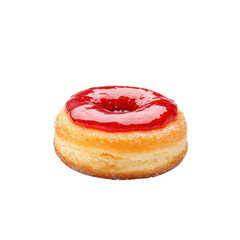 Delicious donut with strawberry jam on a transparent background. Sweet treat, dessert, bakery concept.