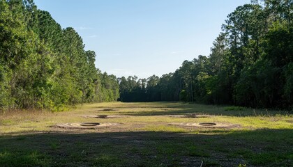 Archery targets in place, range deserted, trees bordering.