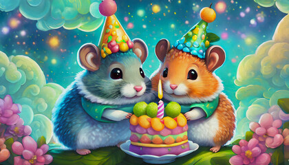 Fototapeta premium CARTOON CHARACTER CUTE baby cute hamsters, wearing a tiny party, oil painting style