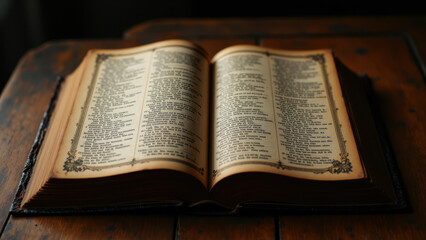 Obraz premium An old open bible on a wooden table.
