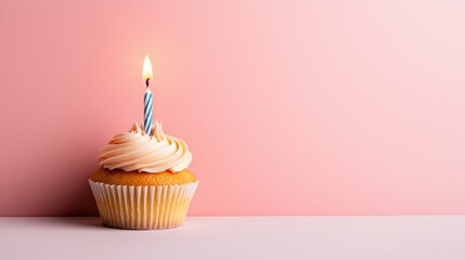 Minimalist Birthday Themes A single cupcake with a lit candle against a plain, pastel colored background, representing a simple yet elegant birthday celebration.