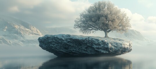 Suspended dreamscape a giant rock balanced by a solitary tree