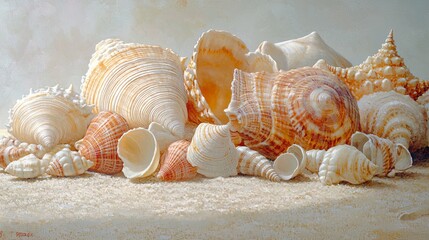 A close-up of a seashell collection on a sandy beach, soft light reflecting off the shells. digital