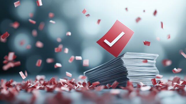 Red or Warning Checkmark A large, red checkmark superimposed over a document with revisions marked, signifying a final review or rejection in a quality control process.