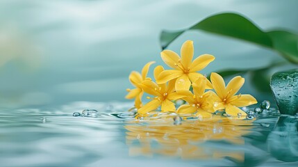 A yellow osmanthus flower with water droplets in the water, the foreground is fuzzy yellow osmanthus, The bottom is transparent water, clear and bright style, photography, Ultra HD