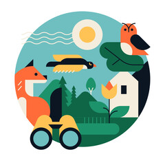 Obraz premium Birdwatching, beauty of nature - flat design style illustration