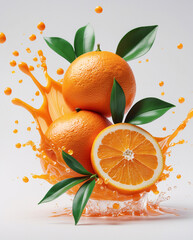 Vibrant orange fruits splashing with fresh orange juice on clean white background for refreshing product photography Stock Photo Image Fruits Presentation
