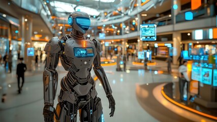A futuristic humanoid robot equipped with advanced AI is patrolling a high-tech shopping mall, ensuring security and efficiency in a smart retail environment