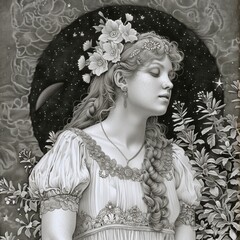 A woman with long braided hair adorned with flowers stands in quiet contemplation. The intricate details of her dress contrast against the starry sky and distant planets