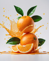 Vibrant orange fruits with splash of fresh juice captured on white background for fruit advertising campaign Stock Photo Image Fruits Presentation
