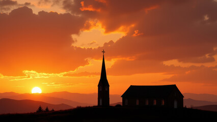 Obraz premium Sun setting over a rural church under a dramatic sky with clouds.