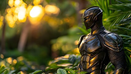 A futuristic armored figure stands amidst lush greenery with a warm, glowing sunset in the background. Concept Futuristic Armor Design, Nature Contrast, Sunset Aesthetics, Sci-Fi Character