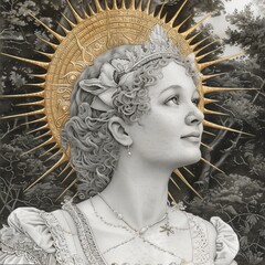 A young woman wearing an ornate crown is captured with a calm expression, standing in a lush natural setting illuminated by soft sunlight. Her ethereal presence radiates tranquility and beauty