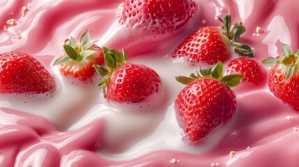 114.A bold composition of liquid milk and smoothie streams in pink and white, encircling fresh strawberries with detailed seeds and stems, all set against a vibrant solid-color backdrop.